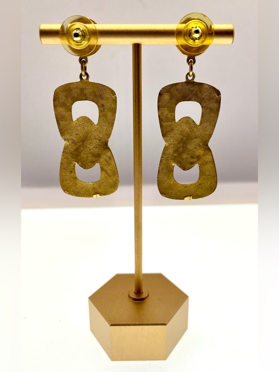 Vintage Gold Tone Link Drop Earrings Matte Brushed Modernist Statement Pierced - Picture 5 of 7